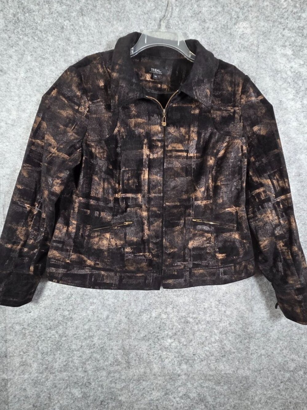 Tribal Bomber Jacket Women's 14 Black Copper Gold Abstract Antiqued Brass Metall